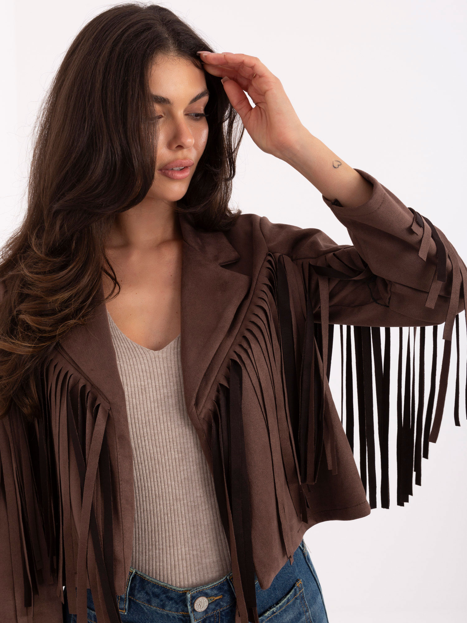 Braune Wildlederjacke mit Fransen RUE PARIS.