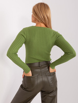 Hurt Jasnozielony prążkowany sweter z dekoltem w serek
