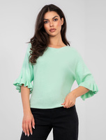 Pastelowy miętowy sweter z rozkloszowanym rękawem