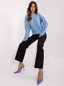 Light blue women's sweater with braids
