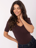 Dark brown fitted ribbed sweater.