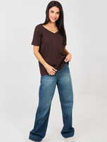 Czekoladowy t-shirt basic z bawełny RUE PARIS 