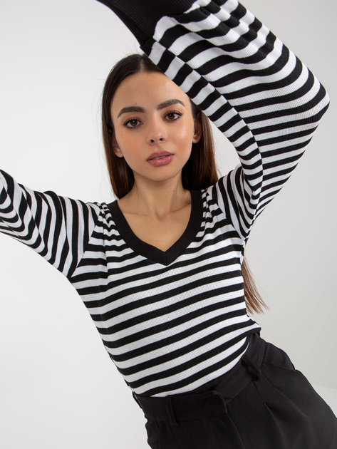 Hurt Czarno-biała prążkowana bluzka z dekoltem V BASIC FEEL GOOD