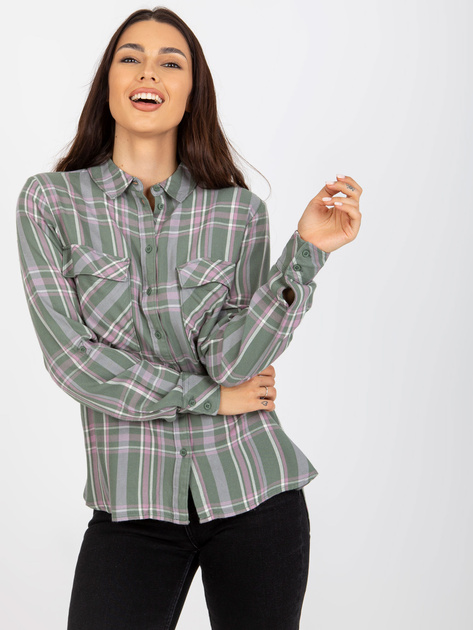 Hurtownia Khaki damska koszula w kratę z kieszeniami