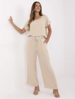 Beżowy damski komplet z szerokimi spodniami 