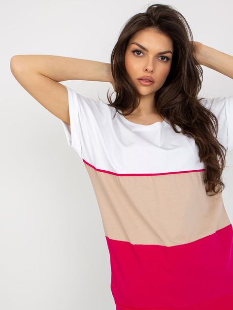 Hurtownia Biało-fuksjowa luźna bluzka basic z bawełny