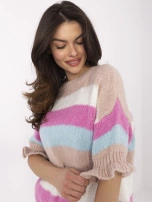 Hurt hellrosa-weißer Damenpullover mit bunten Streifen.