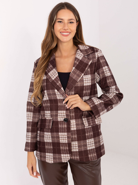 Czekoladowa jednorzędowa marynarka w kratę RUE PARIS