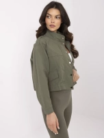 Khaki short windbreaker jacket without a hood.