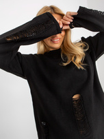 Hurt Czarny damski sweter oversize z dziurami z wełną 
