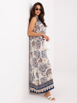 Navy blue summer dress with oriental patterns.