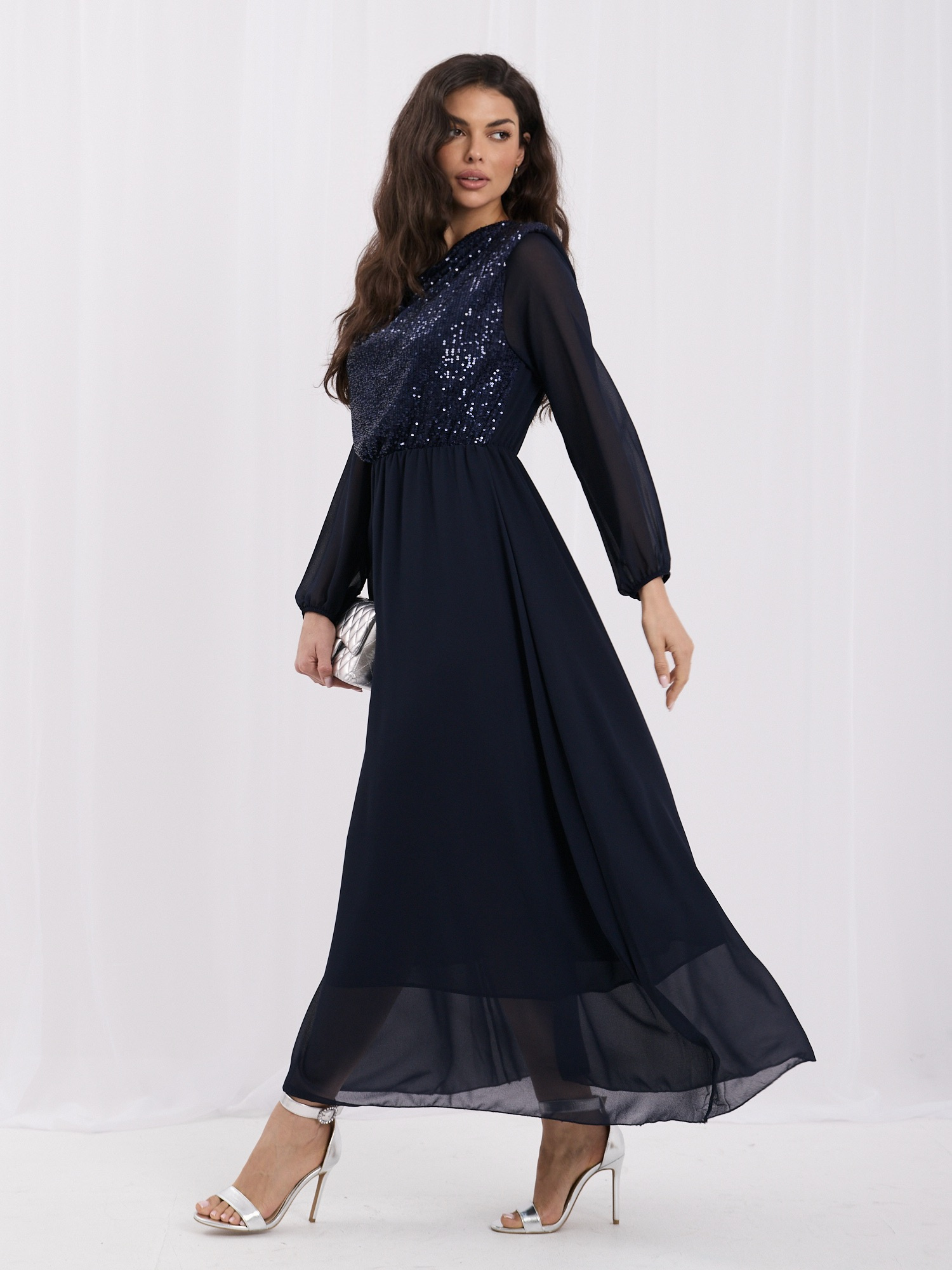 RUE PARIS Navy maxi dress with shoulder pads.