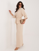 Beżowy letni komplet ze ściągaczem w talii 