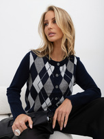 Dunkelblauer Damen-Cardigan im akademischen Stil.