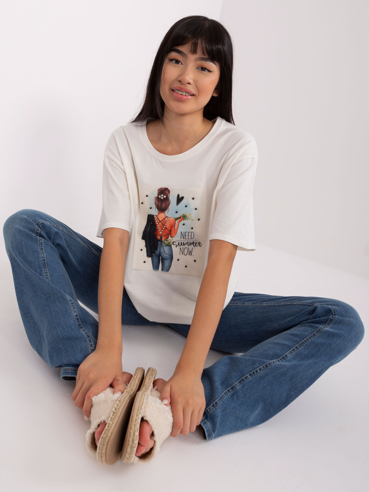Hurtownia Ecru bawełniany t-shirt z nadrukiem 