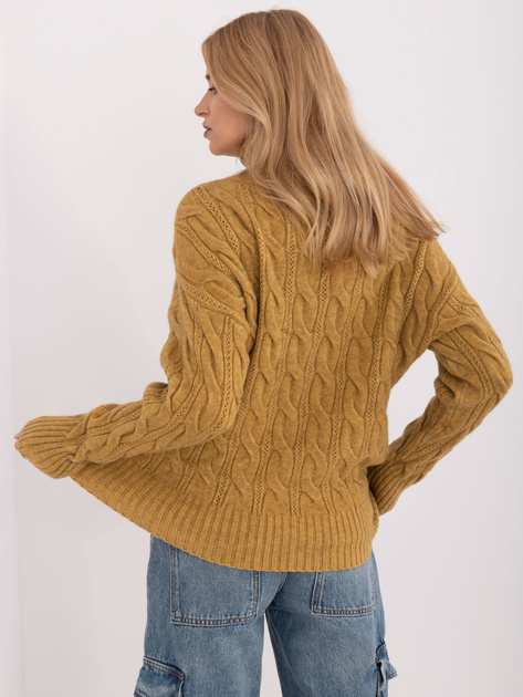 Hurt Oliwkowy damski sweter golf z ażurowym wzorem