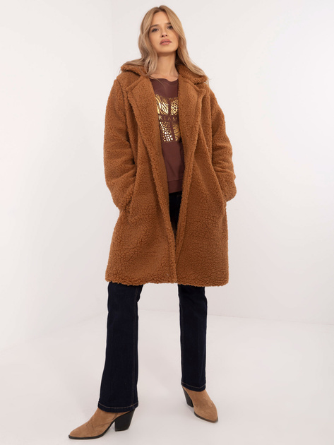 Hurt Jasnobrązowy ciepły płaszcz baranek z kieszeniami