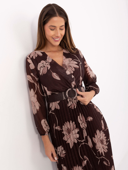 Brązowa midi sukienka z plisowaniem  