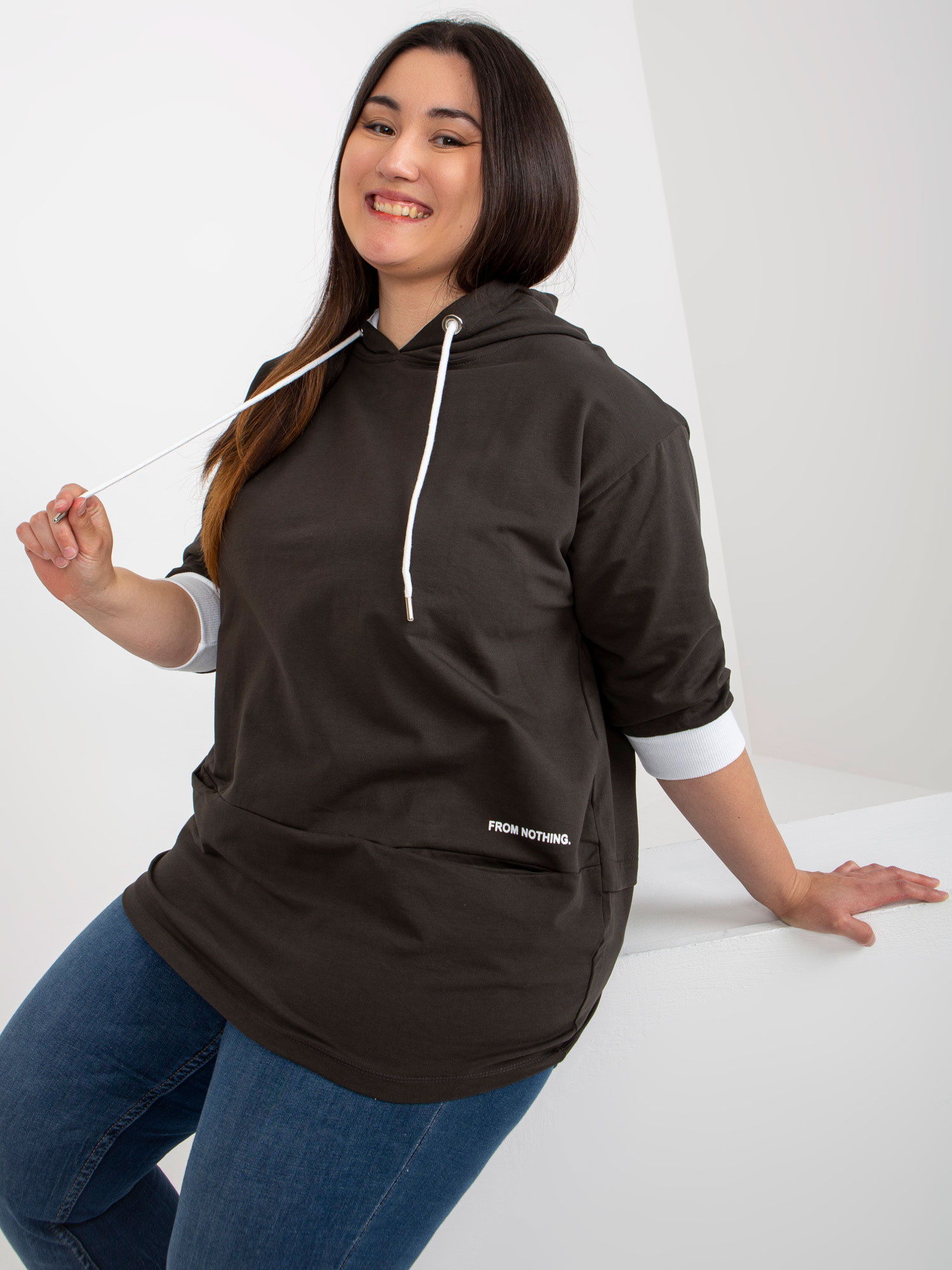Hurt Khaki medvilninė plus size palaidinė su 3/4 rankovėmis.