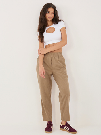 Ciemnobeżowe sztruksowe spodnie bez zapięcia RUE PARIS