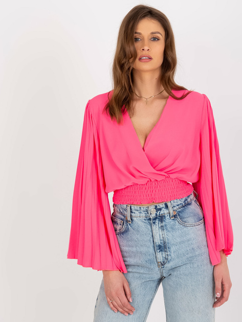 Hurt Fluo różowa bluzka wizytowa z kopertowym dekoltem