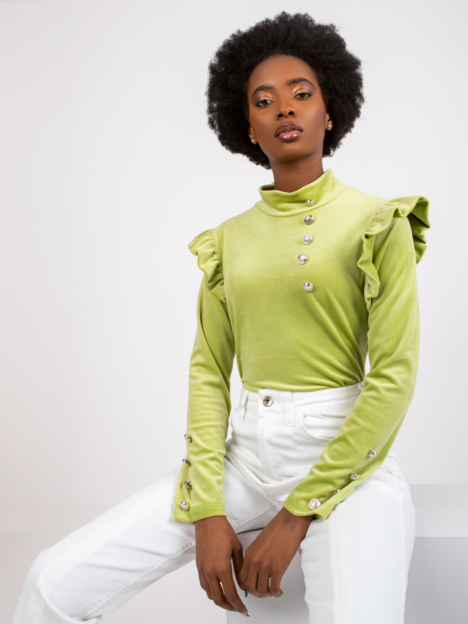 Lime velour blouse with frills on the shoulders of Capri