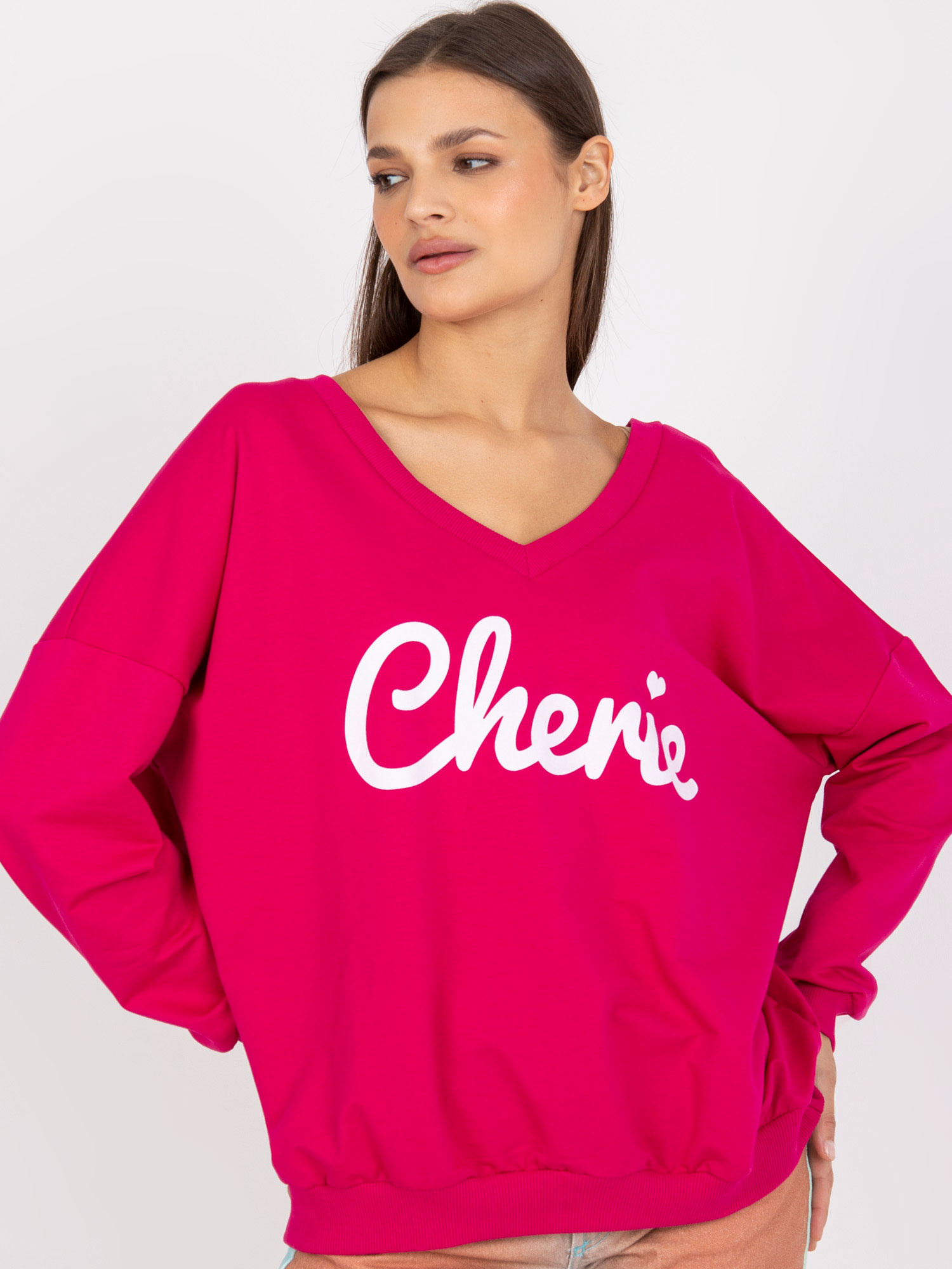 Fuchsia-White Loose Print Long Sleeve Sweatshirt