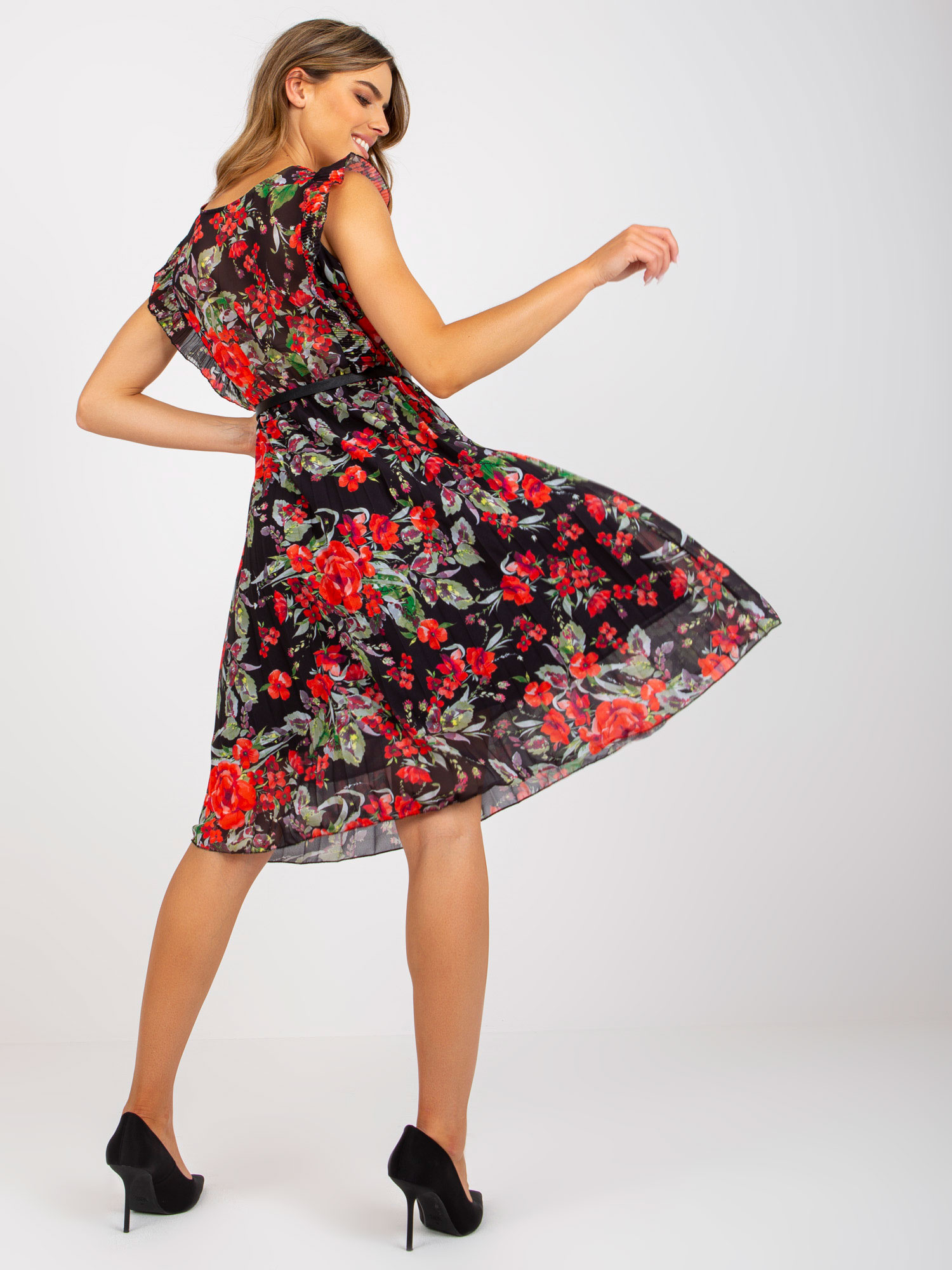 Black and red floral pleated midi dress