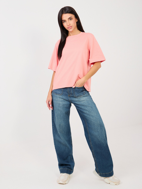 Brzoskwiniowy t-shirt basic z okrągłym dekoltem RUE PARIS