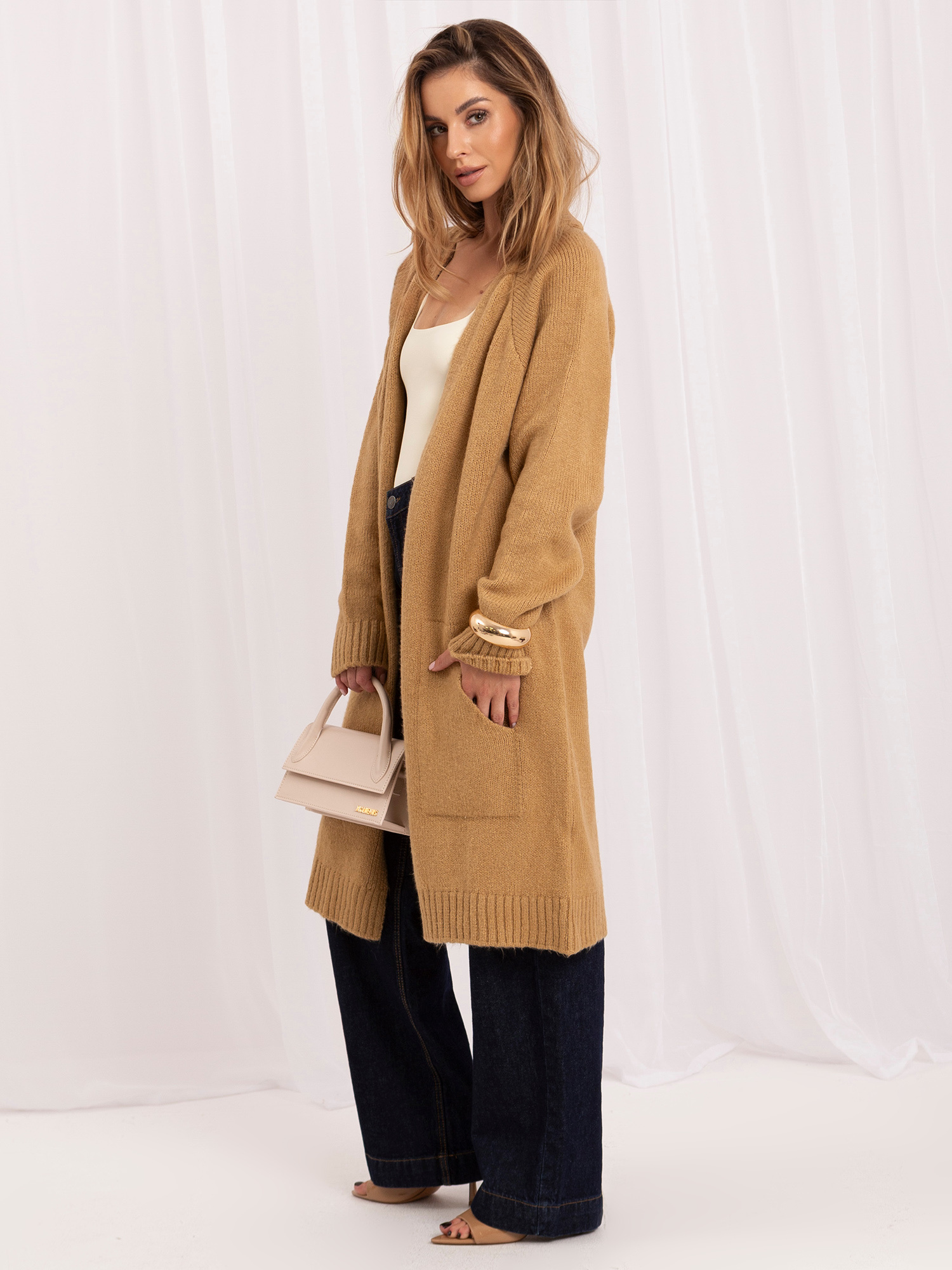 Hurt Camelowy langer Cardigan mit Taschen RUE PARIS.