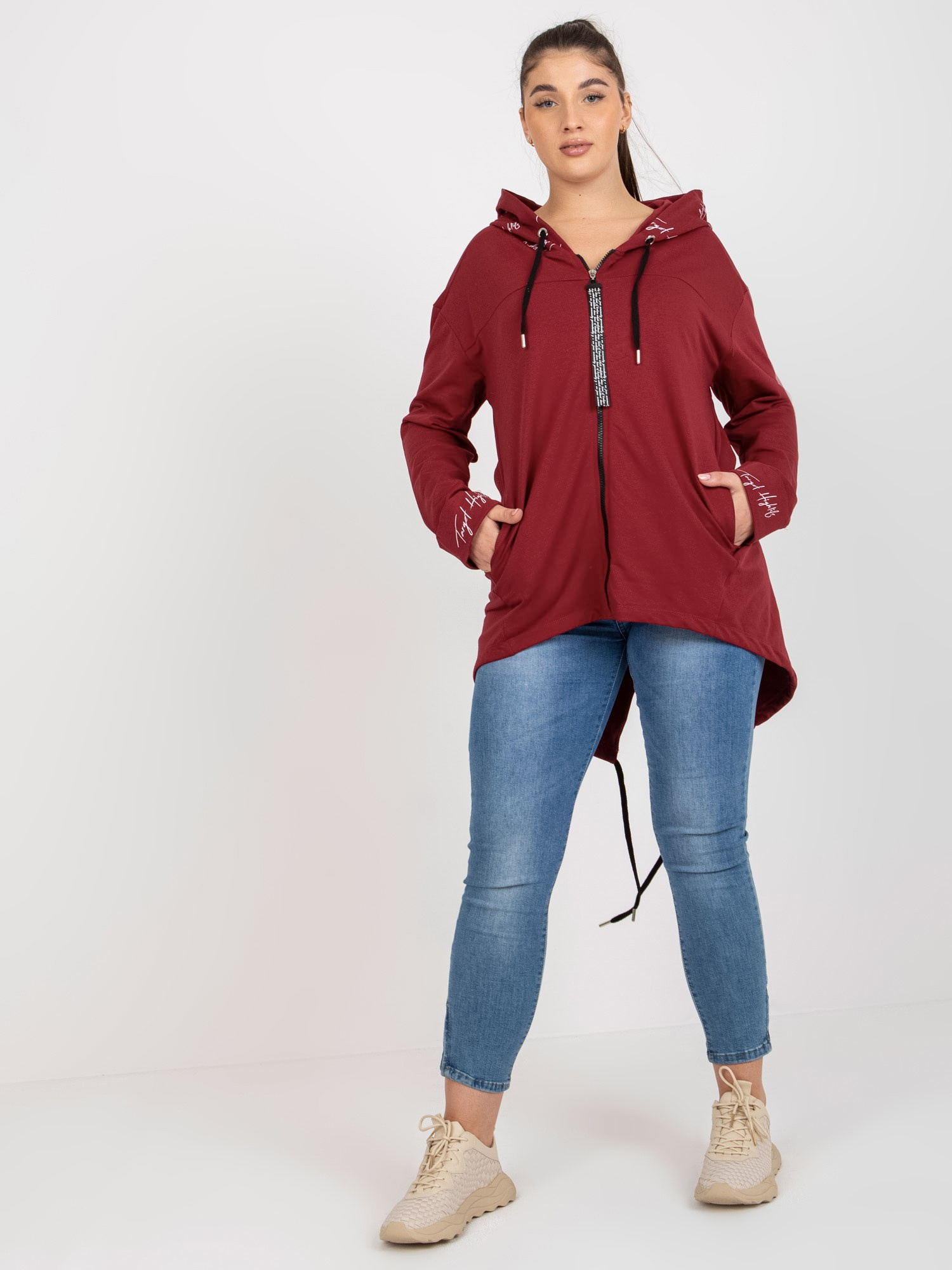 Bordowa rozpinana bluza plus size z suwakiem