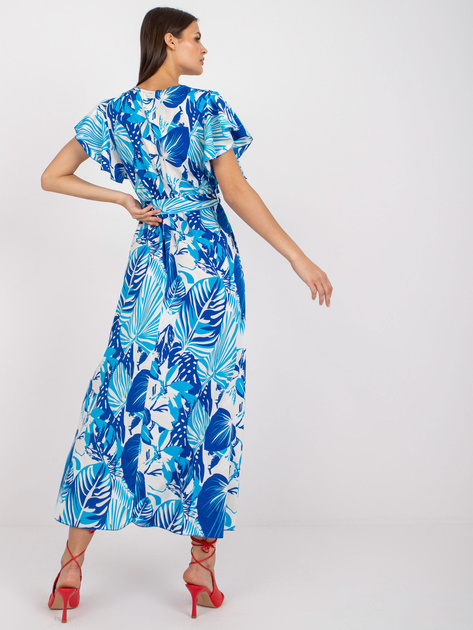 Biało-niebieska sukienka maxi z printami i kopertowym dekoltem