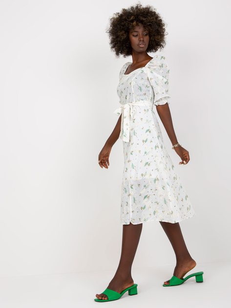 Hurtownia Biało-zielona midi sukienka z printami i haftem