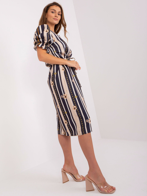 Hurt Granatowa sukienka z printem i bufiastym rękawem