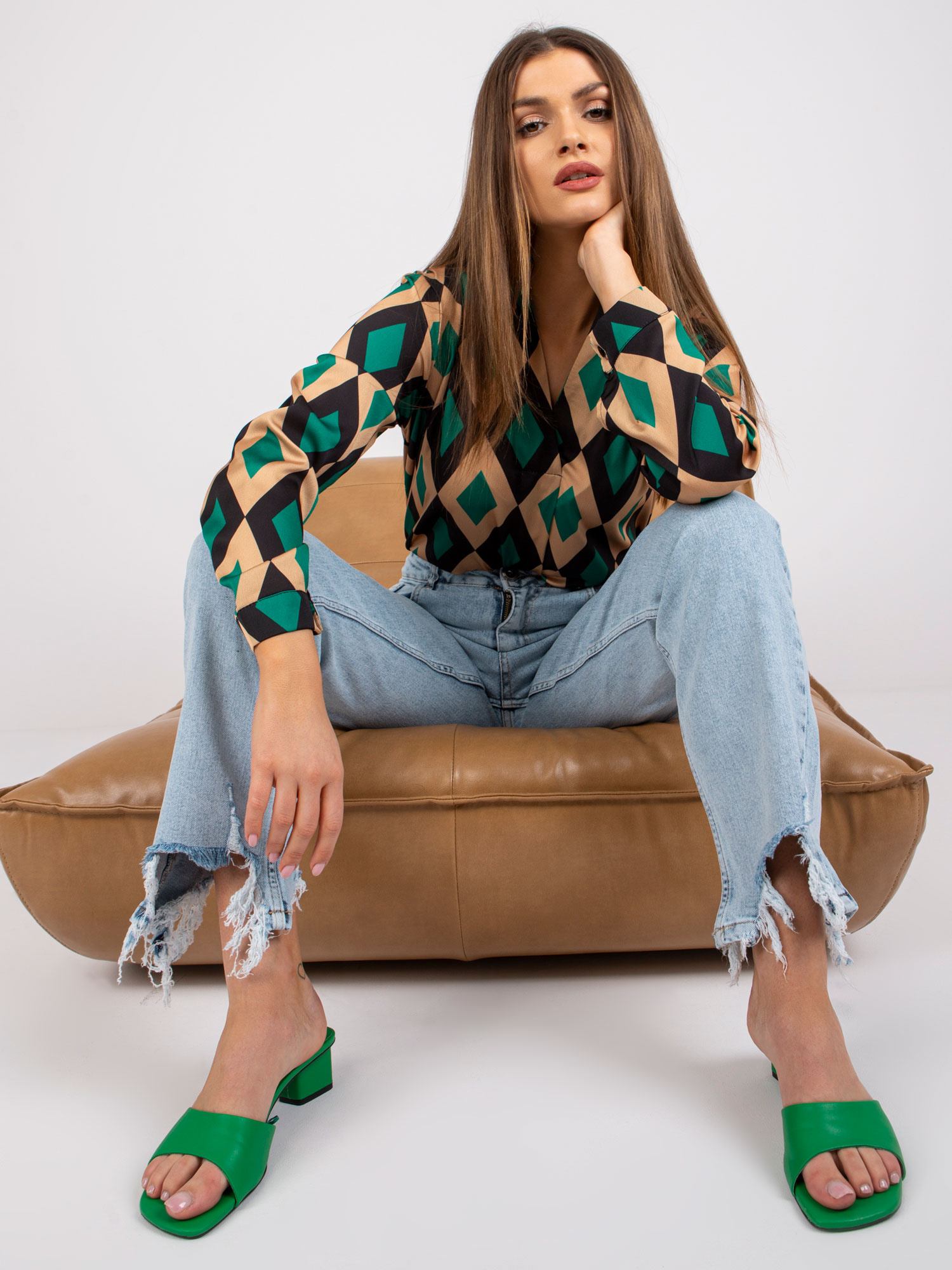 Green and beige blouse with Amaya prints