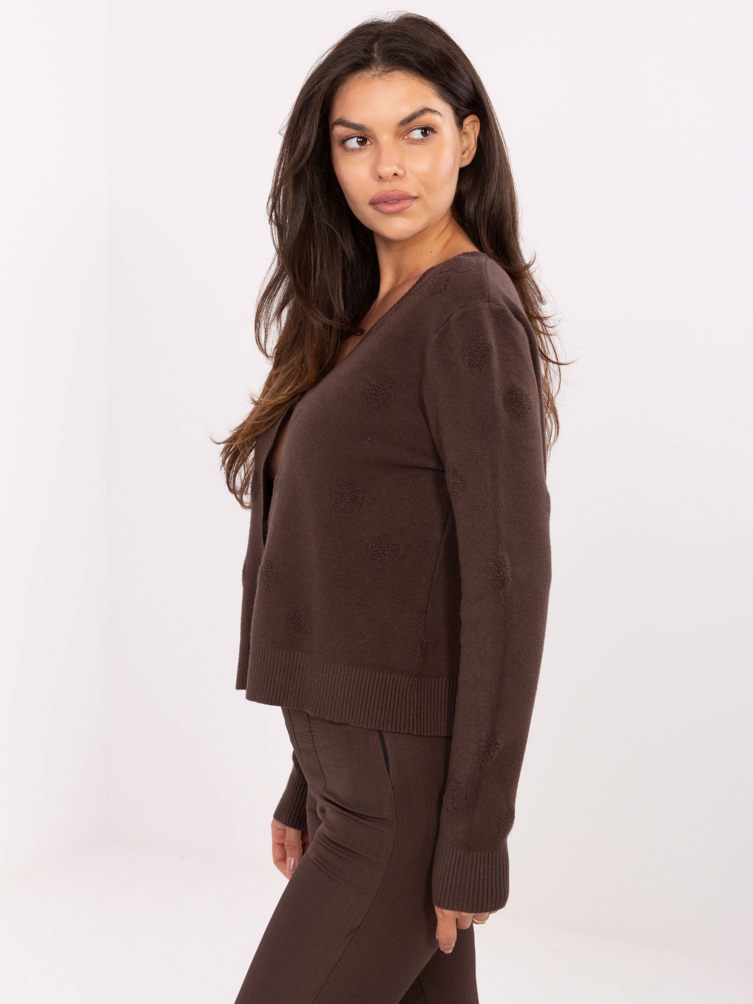 Dark brown zip-up sweater with a V-neck.
