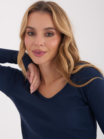 Granatowa prążkowana bluzka basic z długim rękawem