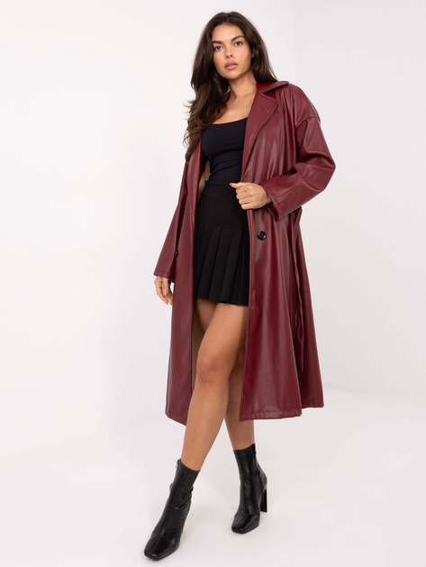 Bordowy dwurzędowy płaszcz z ekoskóry RUE PARIS
