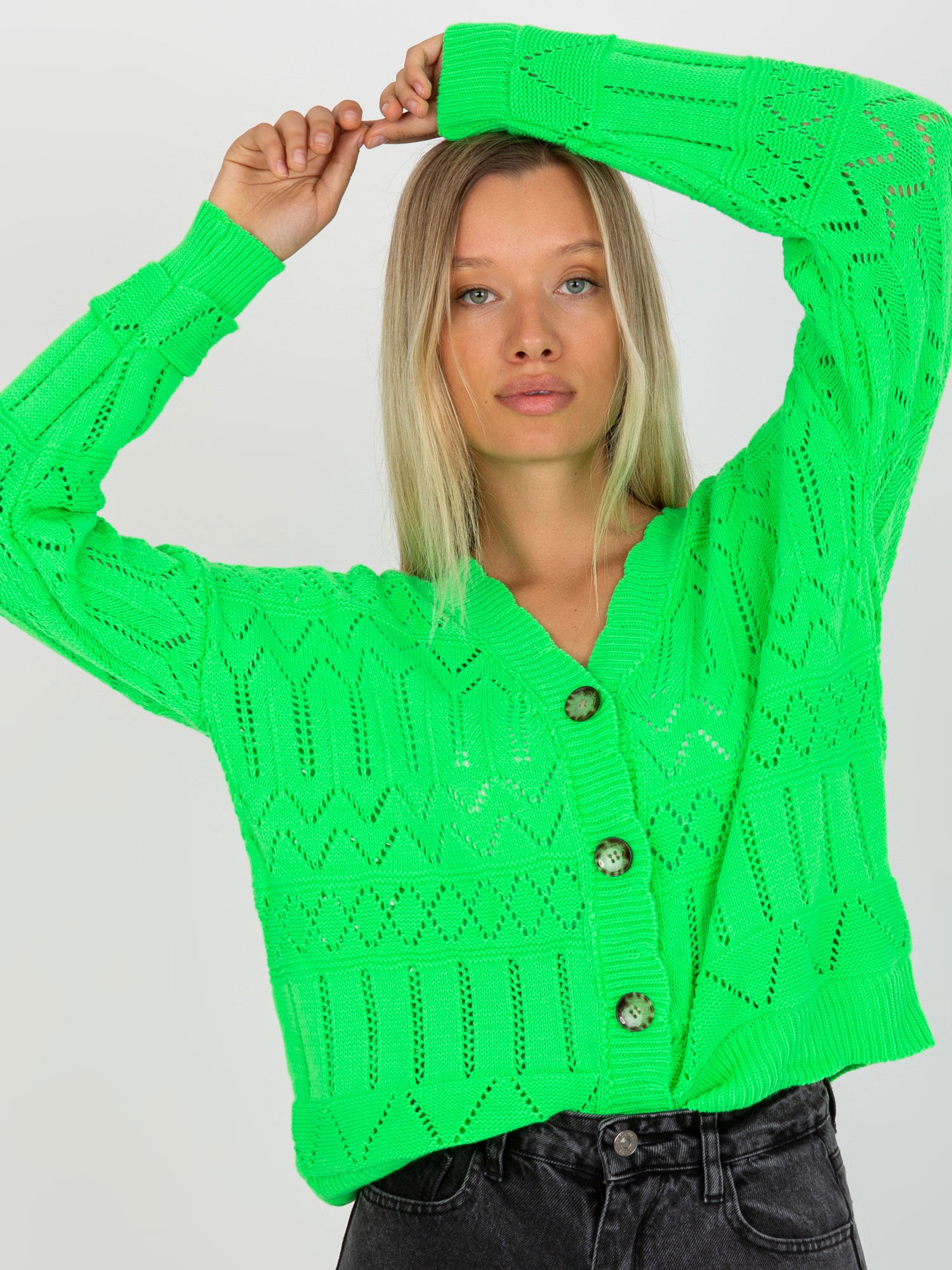 Fluo zielony ażurowy sweter letni z guzikami RUE PARIS