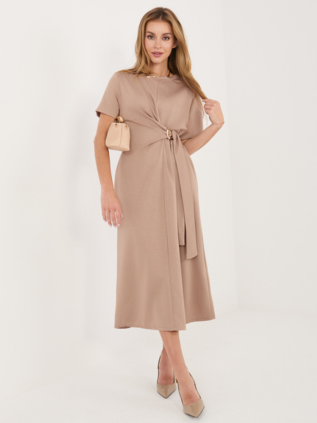 Ciemnobeżowa midi sukienka z krótkim rękawem