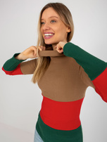 Hurt Ciemnocamelowo-czerwona prążkowana bluzka basic z golfem