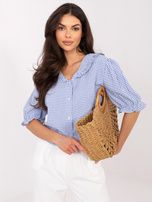 Blue button-up shirt with a collar.