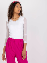 Biała prążkowana bluzka z koronką i długim rękawem RUE PARIS