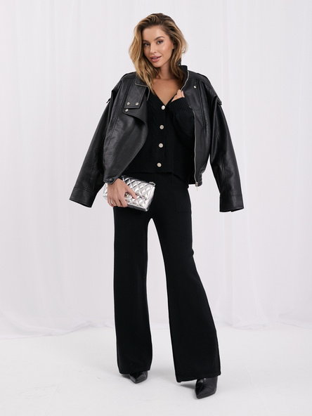 Black sweater set with wide pants.