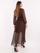Brown maxi evening dress with appliqués.
