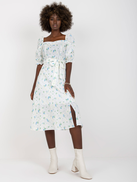 Hurtownia Biało-niebieska midi sukienka z printami i rozcięciem