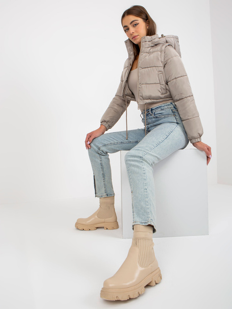 Hurtownia Ciemnobeżowa krótka kurtka zimowa 2w1 z kapturem