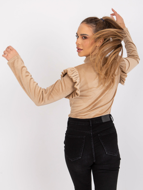 Ciemnobeżowa bluzka welurowa z falbanami Eugenie