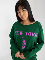 Dunkelgrün-lila lange Sweatshirt mit Oversize-Schriftzug.
