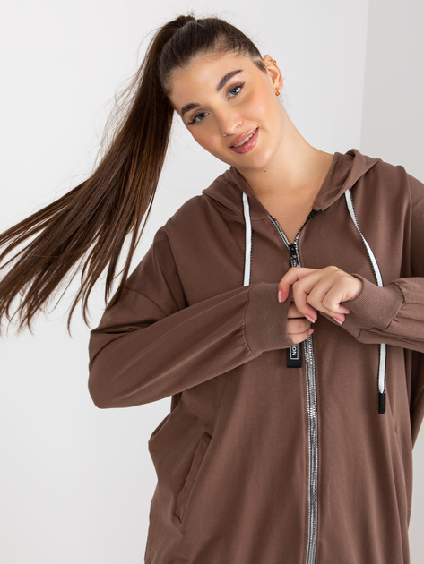 Hurtownia Brązowa rozpinana bluza plus size z kapturem